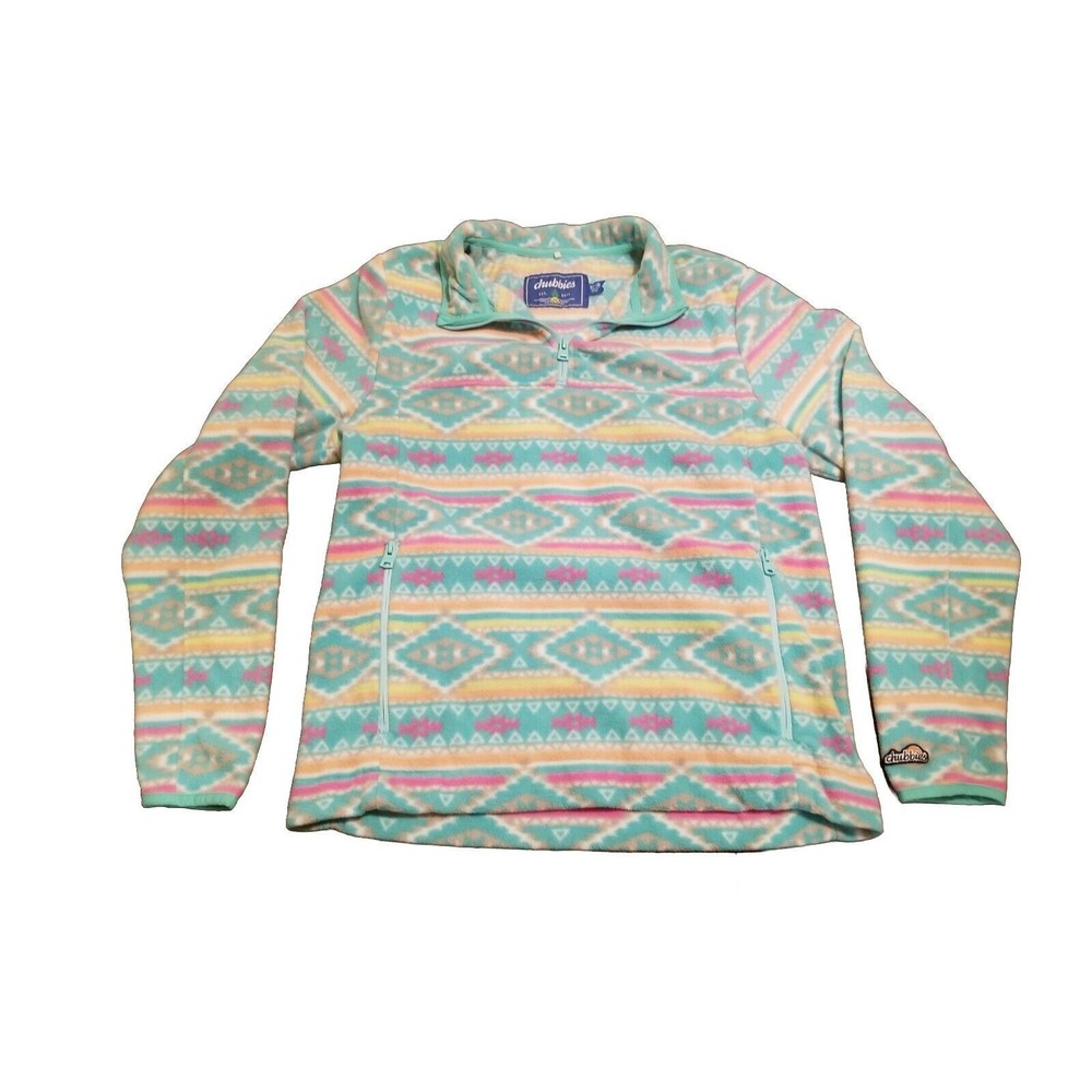 Chubbies Fleece Men's Medium Teal Aztec Flame Commander Pullover 1/4 Zip Blanket